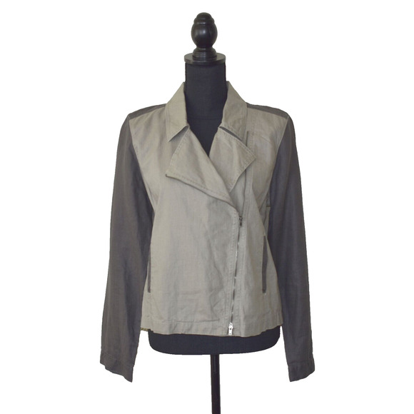 B0 Auth EILEEN FISHER Lightweight Waxed Coated Linen Asym Zip Moto Jacket Size L - Picture 1 of 7